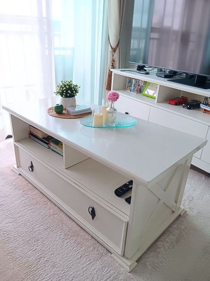 โต๊ะกลาง โต๊ะกาแฟ ไม้แท้ 2 ลิ้นชัก ขนาด 20"x44" สไตล์วินเทจ จากฝรั่งเศส