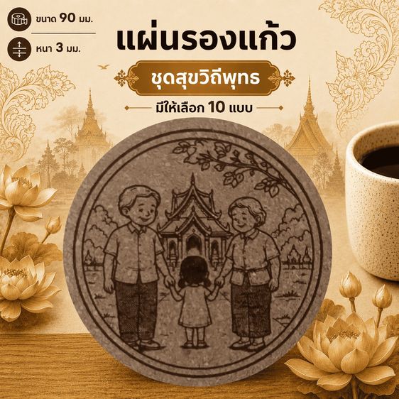 อื่นๆ แผ่นรองแก้วคอร์กอัด ลายสุขวิถีพุทธ