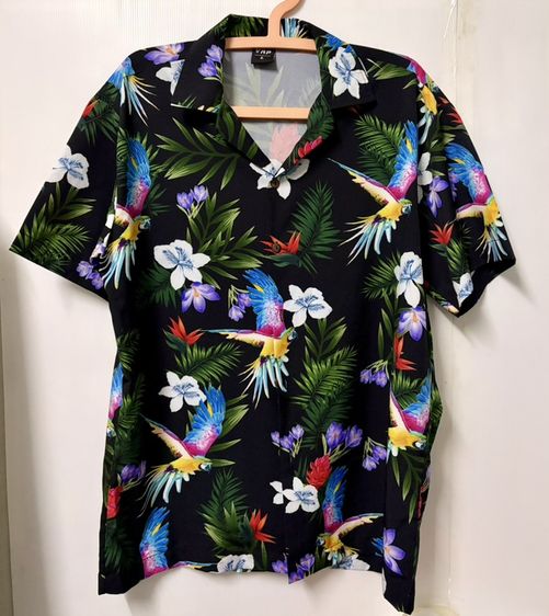 เสื้อเชิ้ตผ้ายืดลายดอกไ ม้นก