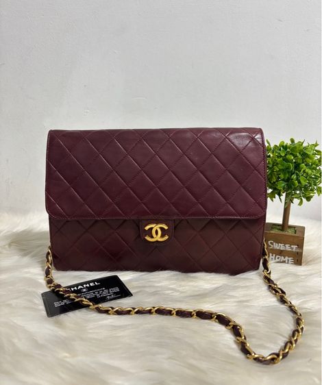 Vintage Burgundy Quilted Lambskin Single Flap Bagมือสองแท้💯