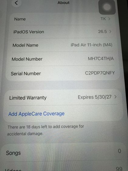 Ipad Air M4 11inch 128g wifi cellaular ฟิลมหน้า Spigen EZ Fit  ฟิลม์หลัง Focus deco shield warranty May 30 , 2027 Battery cycle count 1 รูปที่ 3