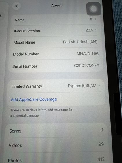 Ipad Air M4 11inch 128g wifi cellaular ฟิลมหน้า Spigen EZ Fit  ฟิลม์หลัง Focus deco shield warranty May 30 , 2027 Battery cycle count 1 รูปที่ 15