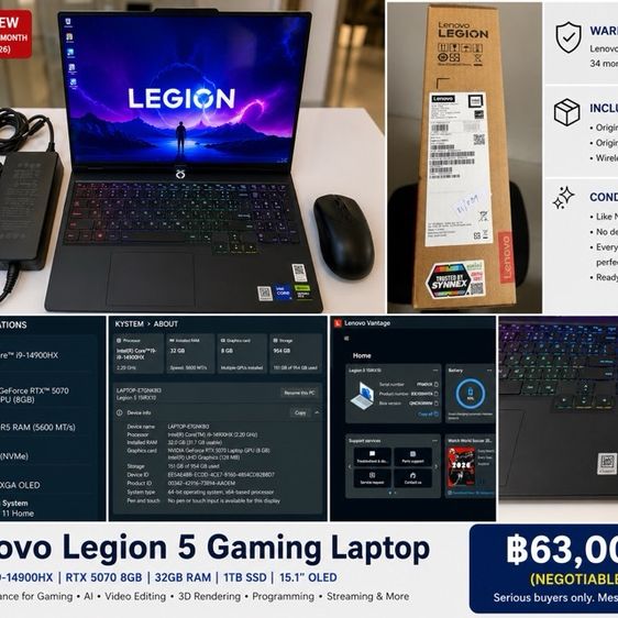 อื่นๆ ใช่ แล็ปท็อปเกมมิ่ง Lenovo Legion 5 – Intel Core i9-14900HX | RTX 5070 8GB | RAM 32GB | SSD 1TB | สภาพเหมือนใหม่💻 ขายแล็ปท็อปเกมมิ่ง Lenovo Legion 5 (15IR