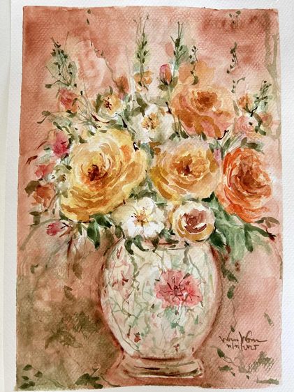 🎁ของขวัญแทนความอบอุ่น อบอุ่นใจทุกครั้งที่มอง ปลุกพลังบวกในทุกเช้า 🌼ภาพสีน้ำแจกันดอกไม้สีส้ม ขนาด 21 x 29.7 ซม. ❤️ A128 รูปที่ 2