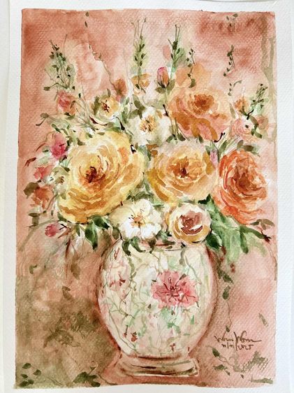 🎁ของขวัญแทนความอบอุ่น อบอุ่นใจทุกครั้งที่มอง ปลุกพลังบวกในทุกเช้า 🌼ภาพสีน้ำแจกันดอกไม้สีส้ม ขนาด 21 x 29.7 ซม. ❤️ A128