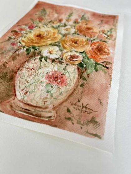 🎁ของขวัญแทนความอบอุ่น อบอุ่นใจทุกครั้งที่มอง ปลุกพลังบวกในทุกเช้า 🌼ภาพสีน้ำแจกันดอกไม้สีส้ม ขนาด 21 x 29.7 ซม. ❤️ A128 รูปที่ 5