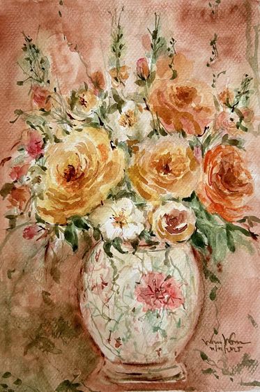🎁ของขวัญแทนความอบอุ่น อบอุ่นใจทุกครั้งที่มอง ปลุกพลังบวกในทุกเช้า 🌼ภาพสีน้ำแจกันดอกไม้สีส้ม ขนาด 21 x 29.7 ซม. ❤️ A128 รูปที่ 6