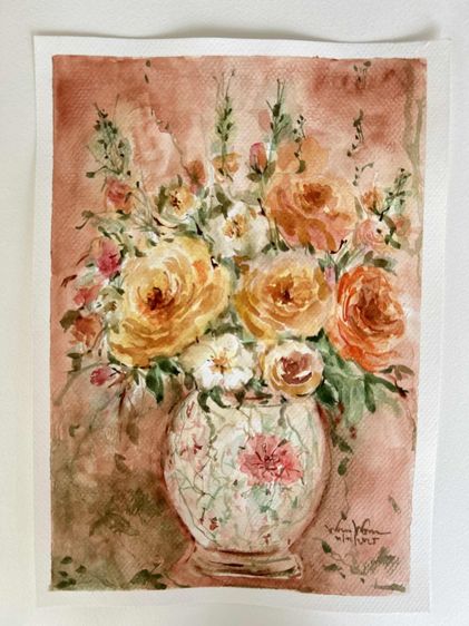 🎁ของขวัญแทนความอบอุ่น อบอุ่นใจทุกครั้งที่มอง ปลุกพลังบวกในทุกเช้า 🌼ภาพสีน้ำแจกันดอกไม้สีส้ม ขนาด 21 x 29.7 ซม. ❤️ A128 รูปที่ 3