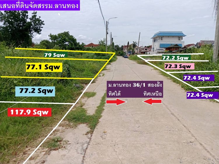 ขายที่ดินจัดสรรแปลงสวย ม.ลานทอง ปากเกร็ด กลับแจ้งวัฒนะนิดเดียว จะเข้าเมืองทองธานีก็นิดเดียวด้วยสุดๆ มีความต้องการเยอะ 72.4 ตารางวา ราคา 2.8ล