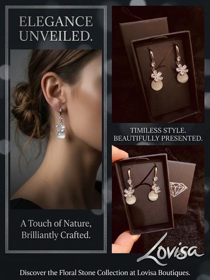 อื่นๆ ต่างหูงานกล่อง สินค้านำเข้า แบรนด์ Lovisa Australia - Silver Cubic Zirconia Flower White Cat Eye Stone Drop Earrings
