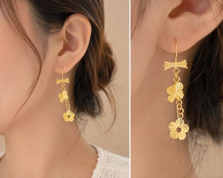 🔖ต่างหูสีทองสด ตุ้งติ้งน่ารัก  แบบตะขอเกี่ยว ของจริงสวยมาก รูปที่ 4