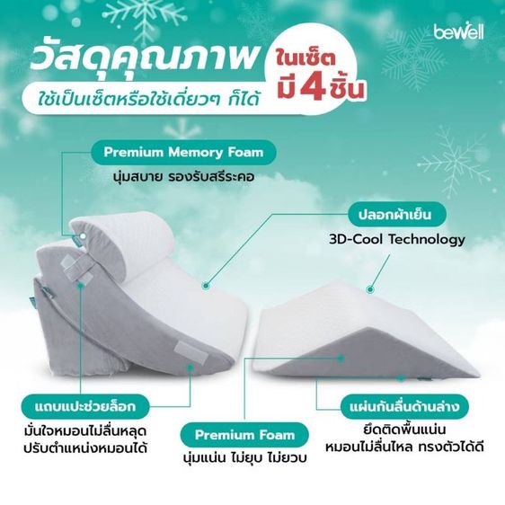 Bewell เซตหมอนสารพัดประโยชน์ 4 ชิ้น" (หรือที่รู้จักในชื่อ หมอนดูซีรีส์ / หมอนกันกรดไหลย้อน Adjustable Wedge Pillow) ซึ่งเป็นหมอนสุขภาพ