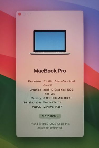 Apple อื่นๆ แมค โอเอส 8 กิกะไบต์ อื่นๆ ไม่ใช่ Mac book pro 15" Retina I7 Ram8
