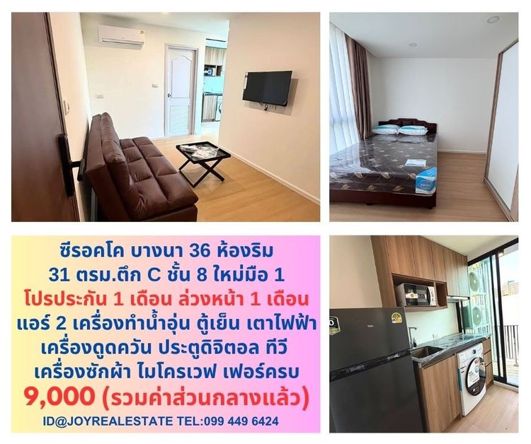 อื่นๆ ไม่อนุญาต ตกแต่งครบ 2023 📌ให้เช่า ซีรอคโค บางนา 36 ตึก C ชั้น 8 ห้องริม ห้องใหม่มือ 1 โปรประกัน 1 ล่วงหน้า 1 เช่าถูก 9,000 บาท 