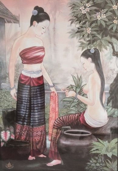 ภาพวาดงานศิลปะ กรอบไม้สัก ภาพ2สาวสวย"ว้าว" คลาสสิคมากๆ (ขายถูก) รูปที่ 2