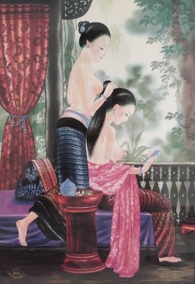 ของตกแต่งบ้านอื่นๆ ภาพวาดงานศิลปะ กรอบไม้สัก ภาพ2สาวสวย"ว้าว" คลาสสิคมากๆ (ขายถูก)