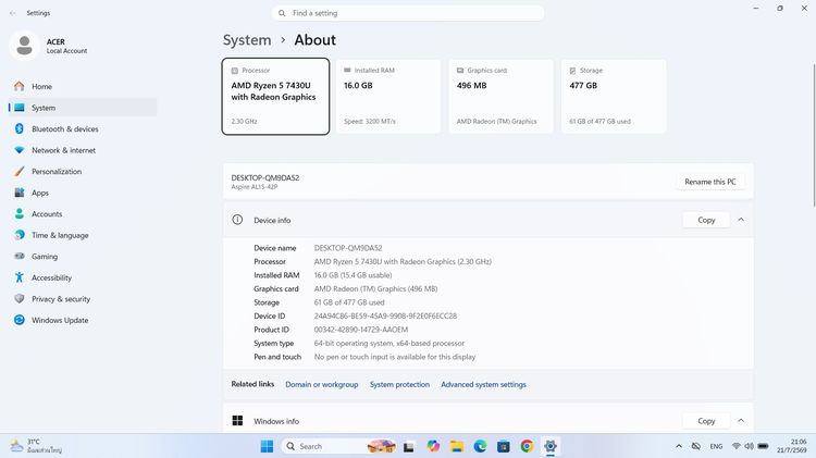 ขาย โน็ตบุ๊ค  Acer Aspire Lite 15 Ryen5 7430U M.2 512GB Ram 16GB จอ15.6 Full HD วินโดว์แท้ ราคา12,500บาท มีประกันจากศูนย์ รูปที่ 13