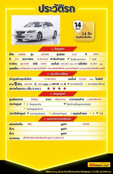 Honda Accord 2010 2.0 E Sedan เบนซิน ไม่ติดแก๊ส เกียร์อัตโนมัติ ขาว รูปที่ 2