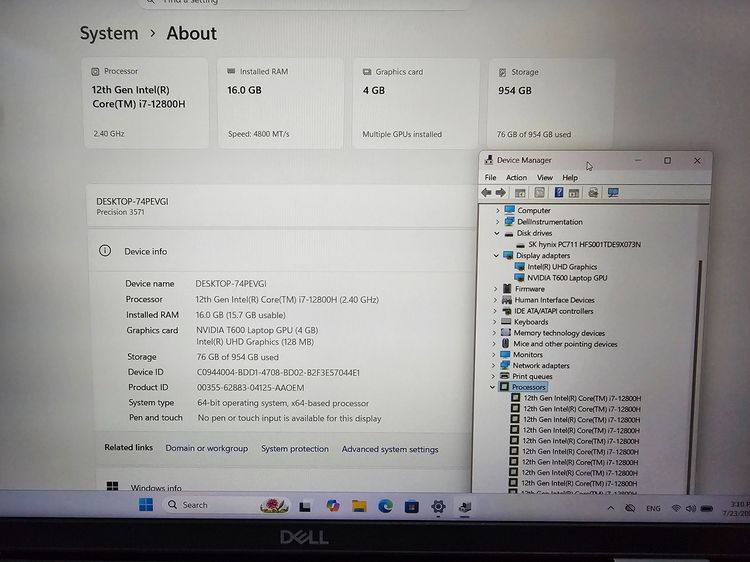 Workstation DELL Precision 3571 i7-12800H +Ram16 ddr5+ssd 1Tb +QuadroT600 +15.6 iPs Fhd รูปที่ 7