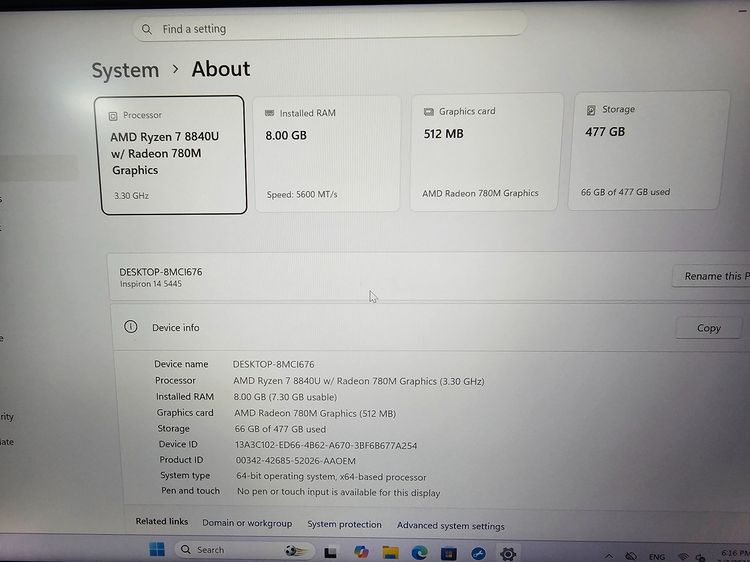 Dell Inspiron Ai Ryzen7 8840U+ Radeon780M+14" FHD +Ram8 ddr5+SSD512 เครื่องดี ประกันศูนย์ รูปที่ 7