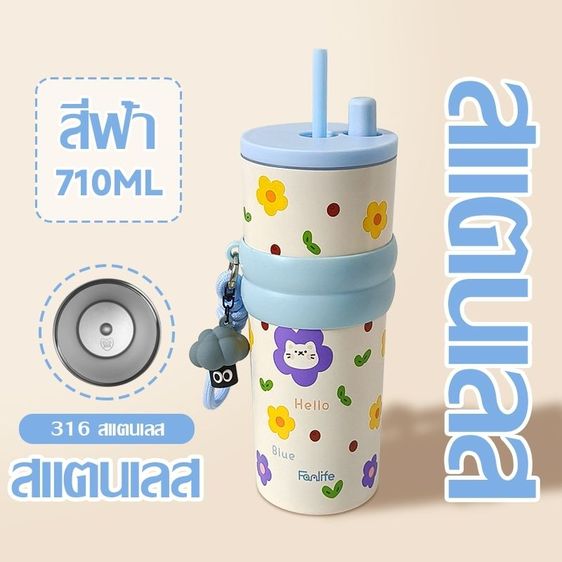 แก้วน้ำเก็บความเย็น 710ml ซับในเซรามิก แก้วเก็บอุณหภูมิพร้อมหลอดกันฝุ่น มีสายหิ้วพกพาสะดวก ลายการ์ตูนน่ารัก รูปที่ 10