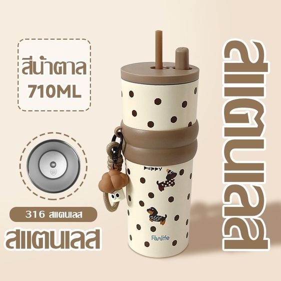 แก้วน้ำเก็บความเย็น 710ml ซับในเซรามิก แก้วเก็บอุณหภูมิพร้อมหลอดกันฝุ่น มีสายหิ้วพกพาสะดวก ลายการ์ตูนน่ารัก รูปที่ 9
