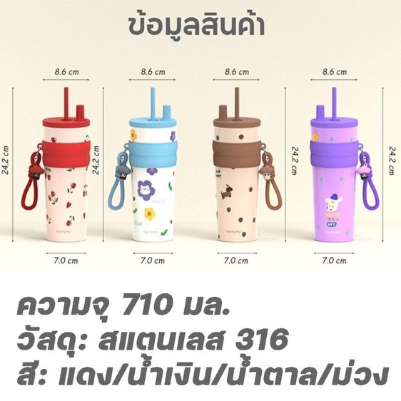 แก้วน้ำเก็บความเย็น 710ml ซับในเซรามิก แก้วเก็บอุณหภูมิพร้อมหลอดกันฝุ่น มีสายหิ้วพกพาสะดวก ลายการ์ตูนน่ารัก รูปที่ 7
