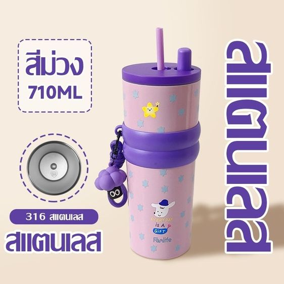 แก้วน้ำเก็บความเย็น 710ml ซับในเซรามิก แก้วเก็บอุณหภูมิพร้อมหลอดกันฝุ่น มีสายหิ้วพกพาสะดวก ลายการ์ตูนน่ารัก รูปที่ 13