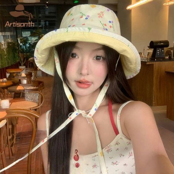 หมวกบักเก็ตกันแดดสองด้าน ลายดอกไม้ สไตล์เกาหลี หมวกชาวประมงปีกกว้าง พับเก็บได้ มีสายรัดคางกันลม สำหรับผู้หญิง รูปที่ 5