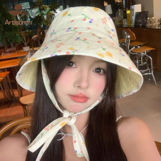 หมวกบักเก็ตกันแดดสองด้าน ลายดอกไม้ สไตล์เกาหลี หมวกชาวประมงปีกกว้าง พับเก็บได้ มีสายรัดคางกันลม สำหรับผู้หญิง รูปที่ 3