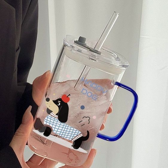 แก้วน้ำกระจกทนความร้อน HAPPY DOG สไตล์เกาหลี ขนาดใหญ่ 400ml พร้อมหูจับ ลายลูกสุนัขดัชชุนด์สุดน่ารัก แก้วน้ำนักเรียน รูปที่ 7