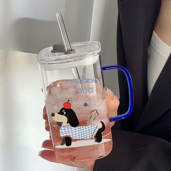 แก้วน้ำกระจกทนความร้อน HAPPY DOG สไตล์เกาหลี ขนาดใหญ่ 400ml พร้อมหูจับ ลายลูกสุนัขดัชชุนด์สุดน่ารัก แก้วน้ำนักเรียน รูปที่ 3