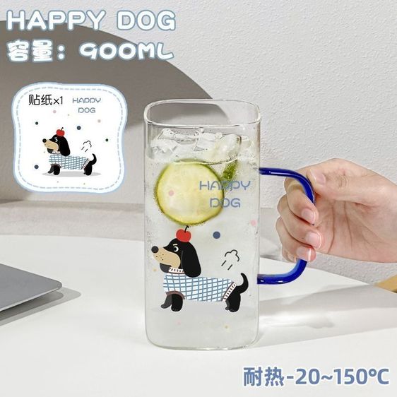 แก้วน้ำกระจกทนความร้อน HAPPY DOG สไตล์เกาหลี ขนาดใหญ่ 400ml พร้อมหูจับ ลายลูกสุนัขดัชชุนด์สุดน่ารัก แก้วน้ำนักเรียน รูปที่ 9