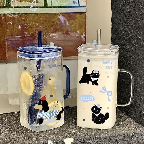 แก้วน้ำกระจกทนความร้อน HAPPY DOG สไตล์เกาหลี ขนาดใหญ่ 400ml พร้อมหูจับ ลายลูกสุนัขดัชชุนด์สุดน่ารัก แก้วน้ำนักเรียน