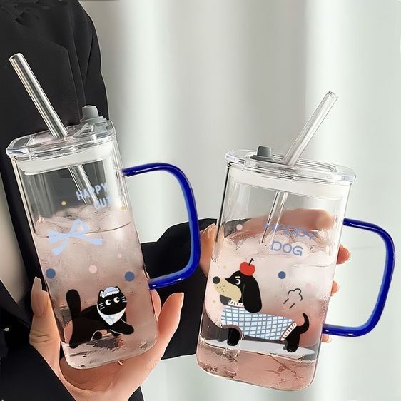 แก้วน้ำกระจกทนความร้อน HAPPY DOG สไตล์เกาหลี ขนาดใหญ่ 400ml พร้อมหูจับ ลายลูกสุนัขดัชชุนด์สุดน่ารัก แก้วน้ำนักเรียน รูปที่ 4
