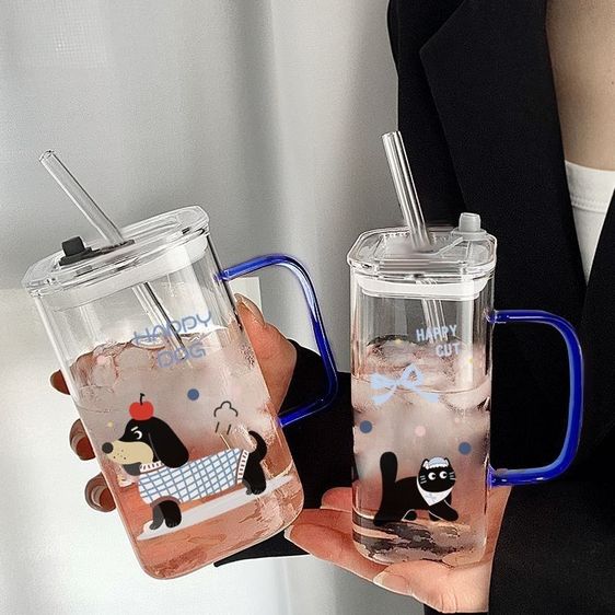 แก้วน้ำกระจกทนความร้อน HAPPY DOG สไตล์เกาหลี ขนาดใหญ่ 400ml พร้อมหูจับ ลายลูกสุนัขดัชชุนด์สุดน่ารัก แก้วน้ำนักเรียน รูปที่ 6