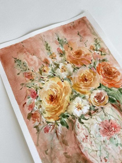 🎁ของขวัญแทนความอบอุ่น อบอุ่นใจทุกครั้งที่มอง ปลุกพลังบวกในทุกเช้า 🌼ภาพสีน้ำแจกันดอกไม้สีส้ม ขนาด 21 x 29.7 ซม. ❤️ A128 รูปที่ 8