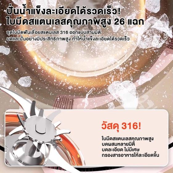 เครื่องปั่นน้ำผลไม้พกพา 600/1000ML ใบมีด 26 แฉก ปั่นน้ำแข็งได้ แบตเตอรี่ 2600mAh ชาร์จเร็ว Type-C รูปที่ 4