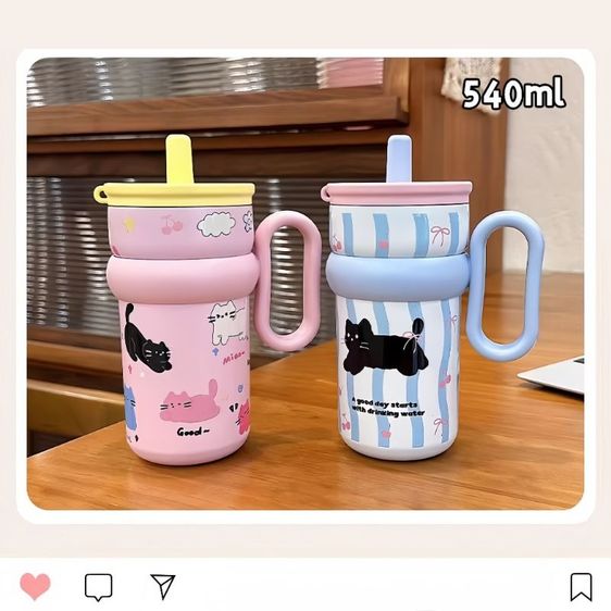 แก้วเก็บความเย็น 540ml สแตนเลส 316 ลายการ์ตูนแมวน่ารัก แก้วน้ำเก็บอุณหภูมิ มีหลอดดูดและหูจับ พกพาสะดวก