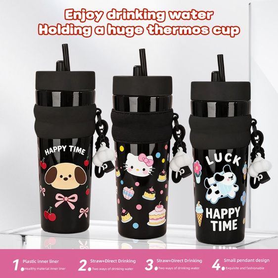 อุปกรณ์ในครัวอื่นๆ แก้วเก็บความเย็น 700ml สแตนเลส 316 แก้วน้ำเก็บอุณหภูมิสีดำ ลายซานริโอ้ คิตตี้ คุโรมิ กระติกน้ำมีหลอดดูด แถมพวงกุญแจ