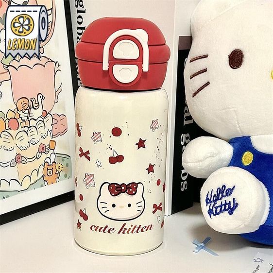 แก้วน้ำสแตนเลสเก็บความเย็น 304 ลายคิตตี้ Hello Kitty ขนาด 500ml กระบอกน้ำเก็บอุณหภูมิ พร้อมหลอดดูดในตัว พกพาง่าย