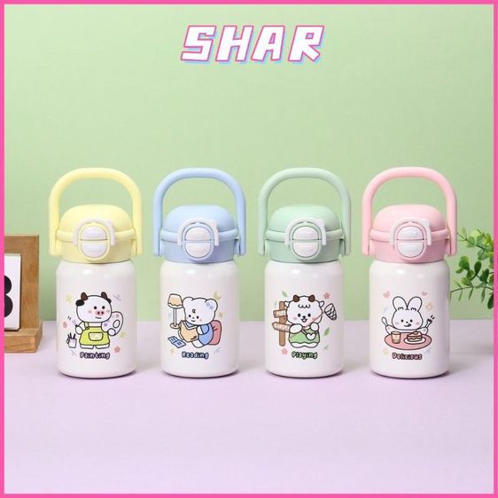 กระบอกน้ำสแตนเลส 316 เก็บความเย็น-ร้อน ลายการ์ตูนหมีกระต่ายน่ารัก ขนาด 400ml แก้วน้ำสูญญากาศ พกพาง่าย พร้อมหลอด