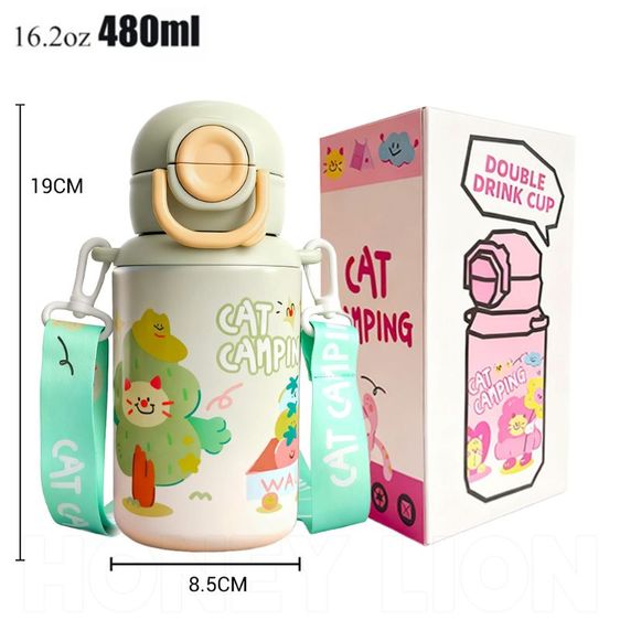 HoneyLion กระติกน้ำเด็กสแตนเลส 316 ลายการ์ตูนแมว ขนาด 480ml เก็บความร้อน-เย็น ฝาเปิดปิดหนึ่งปุ่ม พร้อมสายสะพาย รูปที่ 3