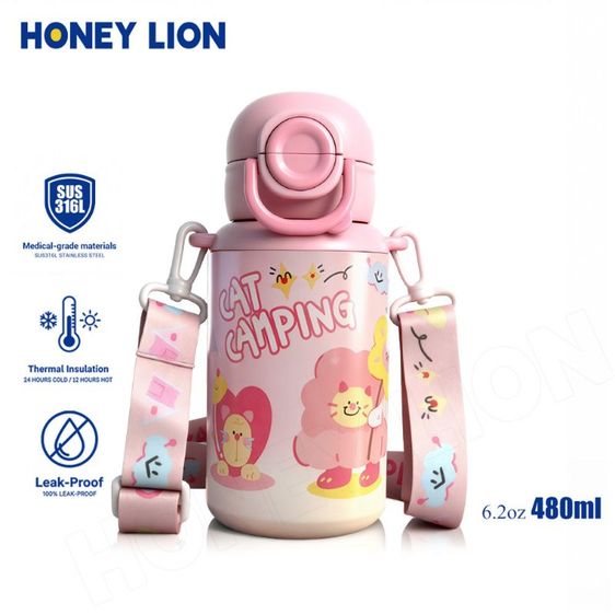 HoneyLion กระติกน้ำเด็กสแตนเลส 316 ลายการ์ตูนแมว ขนาด 480ml เก็บความร้อน-เย็น ฝาเปิดปิดหนึ่งปุ่ม พร้อมสายสะพาย รูปที่ 2