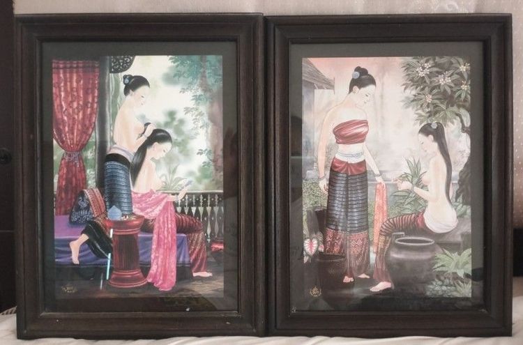 ของตกแต่งบ้านอื่นๆ ภาพวาดงานศิลปะ กรอบไม้สัก ภาพ2สาวสวย"ว้าว" คลาสสิคมากๆ (ขายถูก)