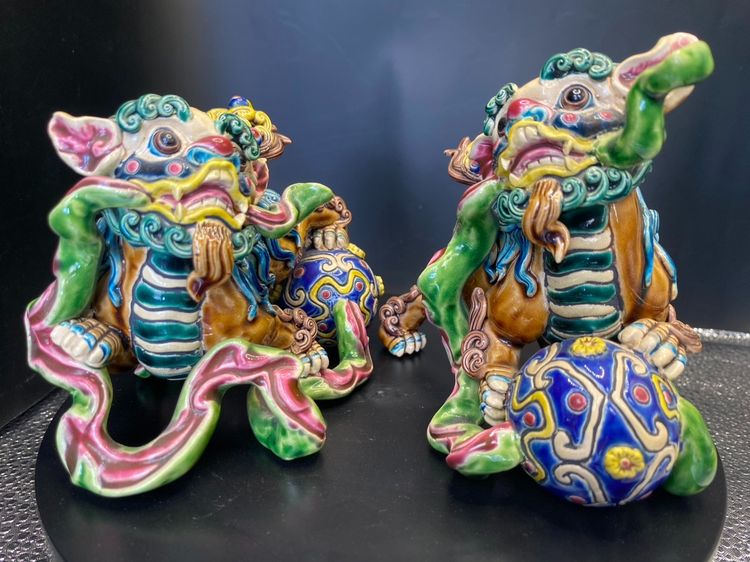 เซรามิคเก่า สิงโตจีนมงคลคู่ Shiwan Ware (สือวาน) เซรามิกสะสม มีตราประทับใต้ฐาน