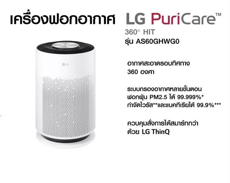 เครื่องฟอกอากาศ LG PuriCare 360 Hit รุ่น AS60GHWG0 ครอบคลุมพื้นที่ห้องได้สูงสุด 61 ตรม
