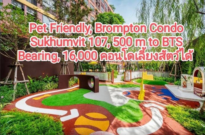 ตกแต่งครบ Pet Friendly,  Brompton  Condo, Sukhumvit 107, 500 m to BTS Bearing, 16,000 คอนโดเลี้ยงสัตว์ได้