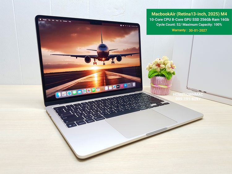 MacbookAir (Retina13-inch, 2025) M4 10-Core CPU 8-Core GPU SSD 256Gb Ram 16Gb สี Starlight ครบกล่อง ใช้น้อย แบต100 ประกันยาว