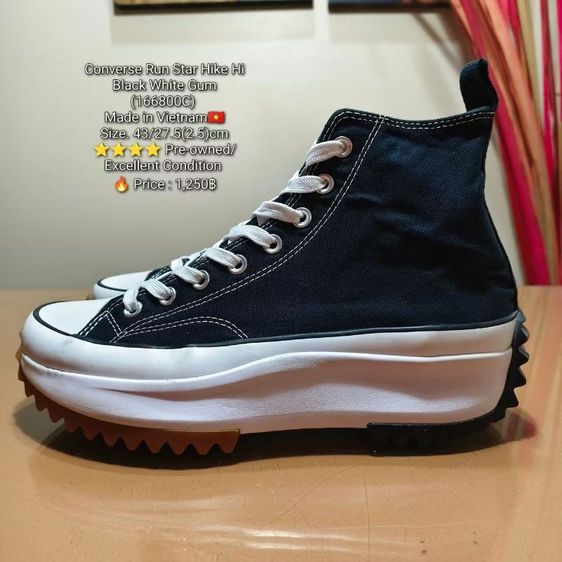 รองเท้าผ้าใบ ผ้าใบ UK 9 | EU 43 1/3 | US 9.5 ดำ Converse Run Star Hike Hi Black White Gum(166800C) Made in Vietnam🇻🇳Size. 43/27.5(2.5)cm